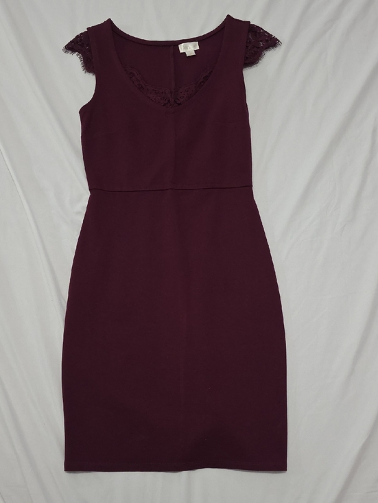 Decree Dresses & Skirts - Decree Plum Lace-Trim Midi Sheath Dress Size XS